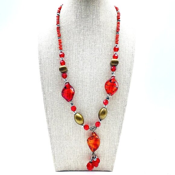 Red Beaded Necklace Mixed Beads Glass Acrylic Gold Tone Accents Boho Y Drop - Picture 1 of 6
